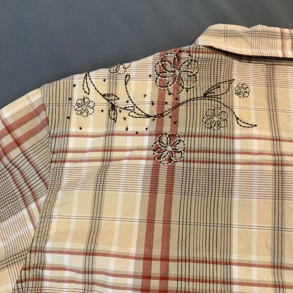 Cabelas Shirt Womens XL Beige Plaid Long Sleeve Western Floral Embroidered - Picture 6 of 8